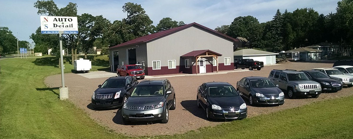 Dealership lot and detailing building of NCS Auto & Detail in Sauk Centre, MN